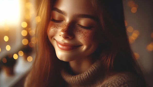 A girl with a cascade of freckles across her nose beams a smile with closed, happy eyes in a warm portrait, Ai generated image