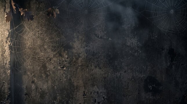 Spider webs and autumn leaves on a dark weathered stone wall in the fog