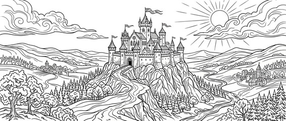 Fantasy Castle on Hilltop with Winding Road and Sunny Sky