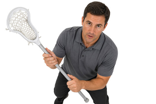 Male lacrosse player looking up holding field stick equipment isolated on transparent background PNG element