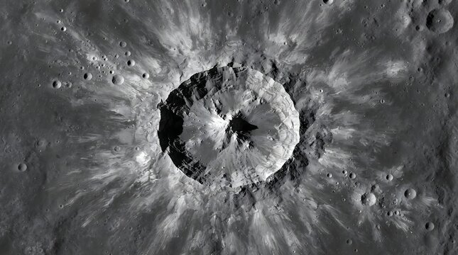 A highly detailed top-down view of a large lunar impact crater showing a central peak, terraced walls, and an extensive bright ejecta ray system spreading across the dark, cratered surface of a moo...