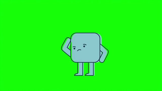 Confused square character animation on green screen. Puzzled blue block mascot thinking. Minimalist 2D cartoon figure scratching head.