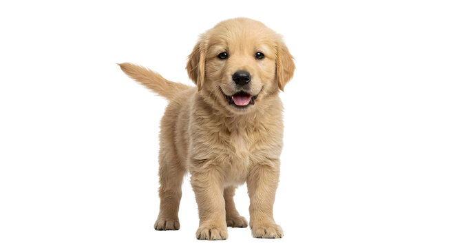 Cute golden retriever puppy standing with tail wagging on transparent background