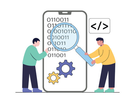 Mobile App Development and Programming Coding Concept with Binary Data and Debugging Tools