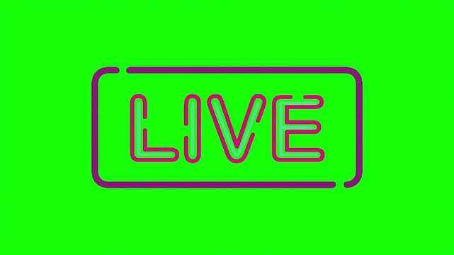 Neon live stream icon on green screen, glowing broadcast sign animation, digital streaming overlay for video production