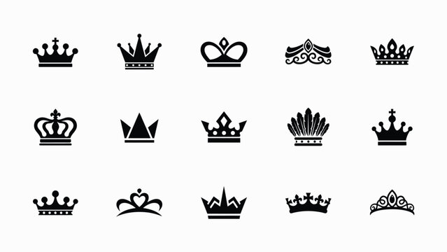 Diverse black and white crown symbols collection for royalty with arranged grid easy reference selection design layouts displays fifteen distinct crown icons clean