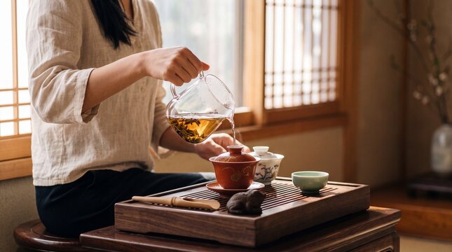 Traditional Tea Ceremony: A person performs a tranquil tea ceremony, pouring tea from a glass teapot into a ceramic cup, embodying a moment of peace and cultural ritual.