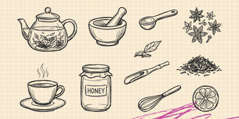 Obraz premium Hand drawn vintage black ink scribble doodle vector set of tea ceremony herbal hot drink and cup icons for creative graphic design