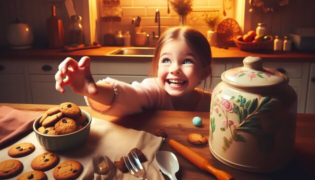 A girl reaches for a cookie from a jar, looking guilty but happy in a sweet kitchen moment, Ai generated image