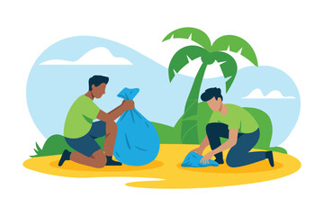 Fototapeta premium Two volunteers cleaning up plastic waste on a tropical beach to protect the ocean environment