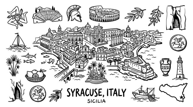 Siracusa Sicily Italy travel doodle illustration, hand drawn vintage line art style
