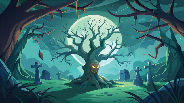 Editorial haunted forest graveyard with creepy tree vector illustration graveyard cemetery halloween moonlight tombstones landscape darkness background woodland branches illustration