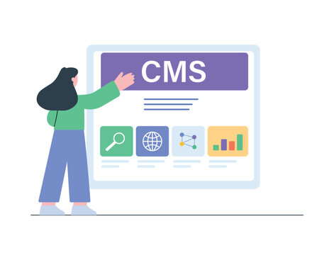 CMS content management system illustration featuring a digital dashboard, analytics, global network, search, and business data icons.