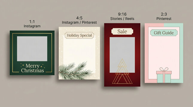 Christmas social media templates set, holiday marketing post layouts for Instagram and Pinterest, festive story and reel frames