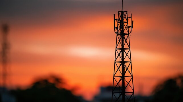Silhouetted Cell Tower Against a Dramatic Sunset Sky Symbolizing Connectivity and Communication
