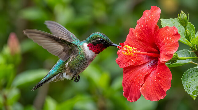 Ruby-throated hummingbird hovering near a vibrant red hibiscus flower in a garden.