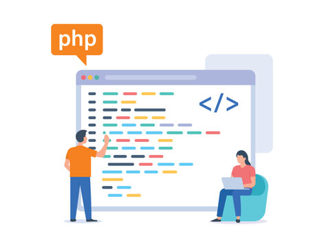 PHP programming illustration featuring code development, web technology, software engineering, and developers.