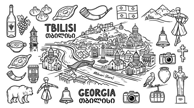 Tbilisi Georgia travel doodle illustration, hand drawn city landmark line art style