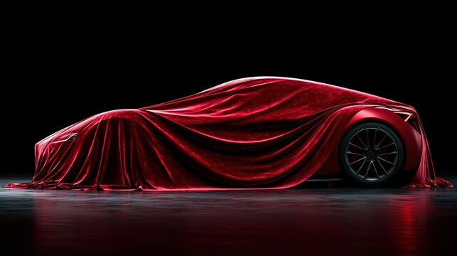 Luxurious Red Velvet Car Cover Revealing Sleek Automotive Design in Dramatic Studio Lighting