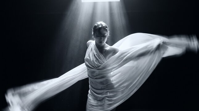 Dancer Swirling Fabric Under an Overhead Shaft
