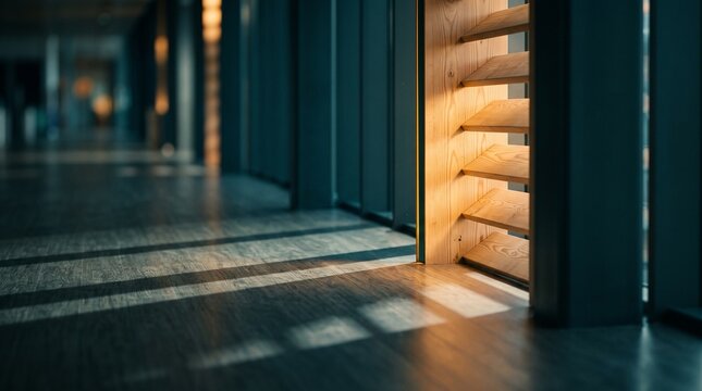 Amber Light Shaft Across a Timber Concourse