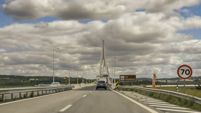Driving under cables of Guadiana international bridge