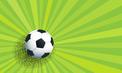 Naklejka premium Soccer ball on green rays background with halftone dots