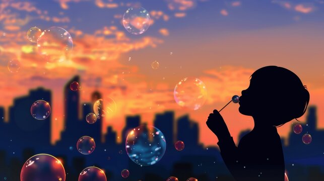 Child silhouette blowing soap bubbles with a bubble wand against a warm dusk urban skyline background.