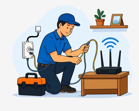 WiFi Technician Installing Internet Router at Home, Home Internet Installation Vector Illustration