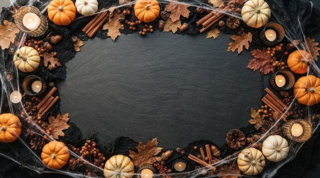 Autumn wreath with pumpkins and leaves surrounding a dark slate chalkboard