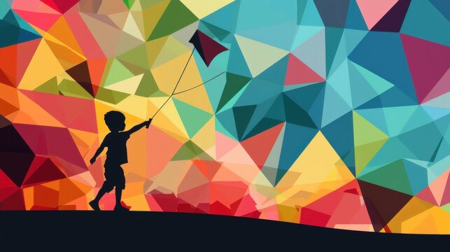 Boy silhouette flying a dark kite on a hill against a vibrant multi colored low poly geometric background.