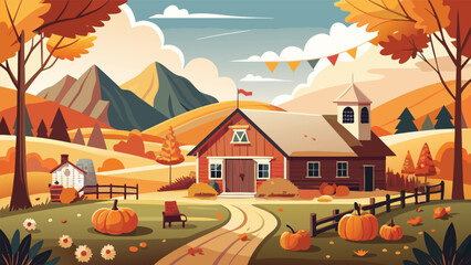 Fototapeta premium Editorial scenic autumn farm mountain landscape vector illustration with mountain landscape countryside illustration seasonal colorful environment vegetables cultivation peaceful agriculture
