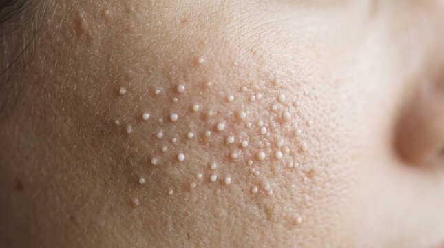 Close up of human cheek with multiple tiny milia bumps and keratin cysts