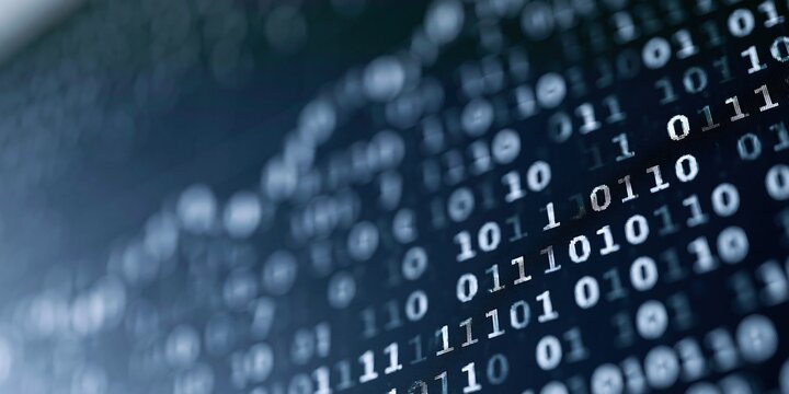 Abstract Digital Binary Code Flowing Data Stream on Dark Background Represents Technology