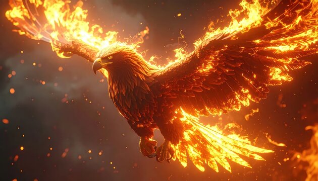 Side view of a phoenix bird with flaming wings.