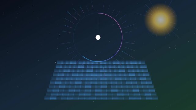 Conceptual Animation Of Solar Panel Energy Production Cycle With Rotating Clock And Sun Movement