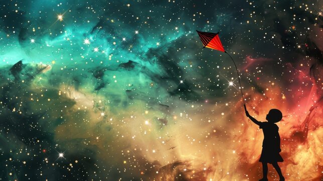 Child silhouette flies a diamond kite across a vibrant cosmic night sky filled with bright stars and colorful nebula.