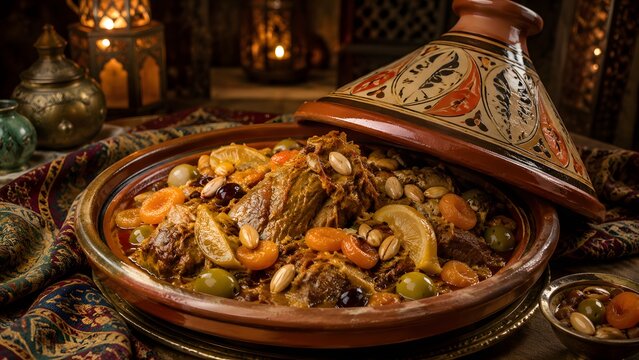 Traditional Moroccan lamb tagine with olives and apricots. Slow cooked meat stew in ceramic pot. Authentic North African cuisine.