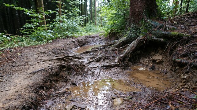 Muddy forest trail with exposed tree roots and water puddles after rain