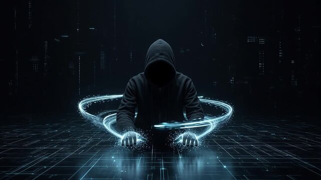 A mysterious hacker in a dark hoodie surrounded by glowing blue digital energy rings on a futuristic cyber grid background