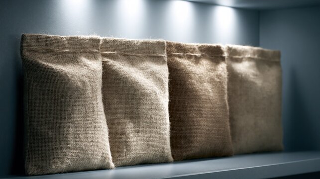 Four burlap sacks arranged in a row on a shelf with dramatic lighting, highlighting texture and material