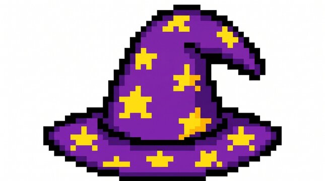 8-bit pixel art of a purple magic wizard hat RPG game asset isolated on white.