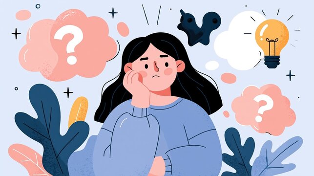 Person contemplating with question marks and a bright idea appearing.
