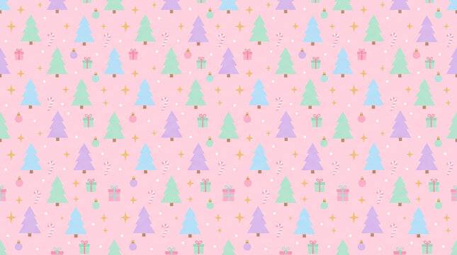Pastel Christmas tree pattern, cute holiday background with pink and mint colors, festive winter wallpaper for gift wrap and stationery
