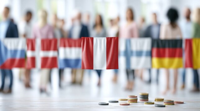 Diversity of European Nations Represented by Flags with Blurred Multinational Crowd in Background and Chips on Table