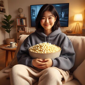 A girl in cozy loungewear happily eats a bowl of popcorn in a comfort scene, Ai generated image
