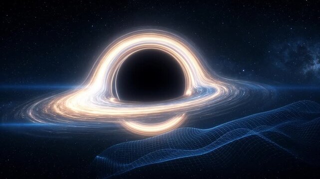 Cinematic digital illustration of a supermassive black hole with a glowing accretion disk in the deep expanse of outer space