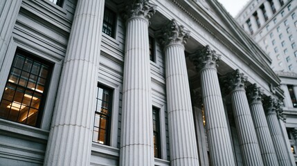 Fototapeta premium Grand Neoclassical Courthouse Exterior with Ornate Columns and Large Windows Under an Overcast Sky