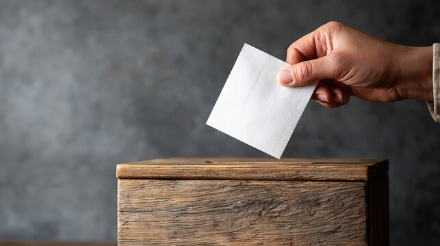 Hand casting blank ballot paper into rustic wooden vote box with dark textured background