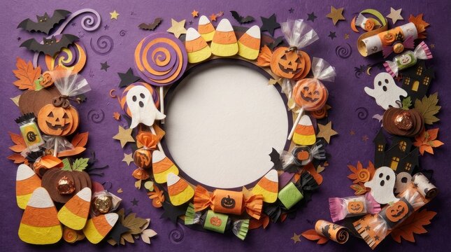 Festive halloween border with candy corn pumpkins ghosts and witch hats